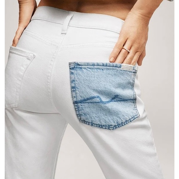 7 For All Mankind Denim - NWT 7 For All Mankind Low Straight Distressed White Jeans Blue Patch Pocket 27